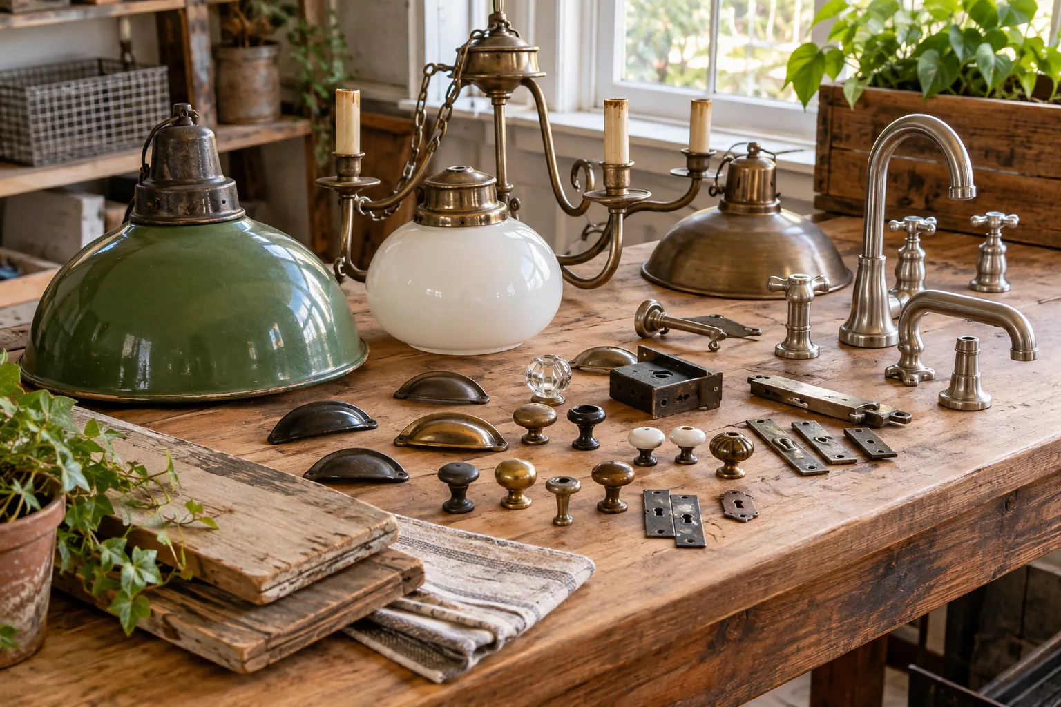 Illustrative collection of reusable lighting, plumbing fixtures, and hardware