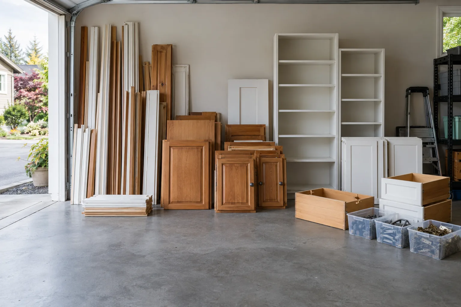 Illustrative view of reusable building materials staged in a clean garage